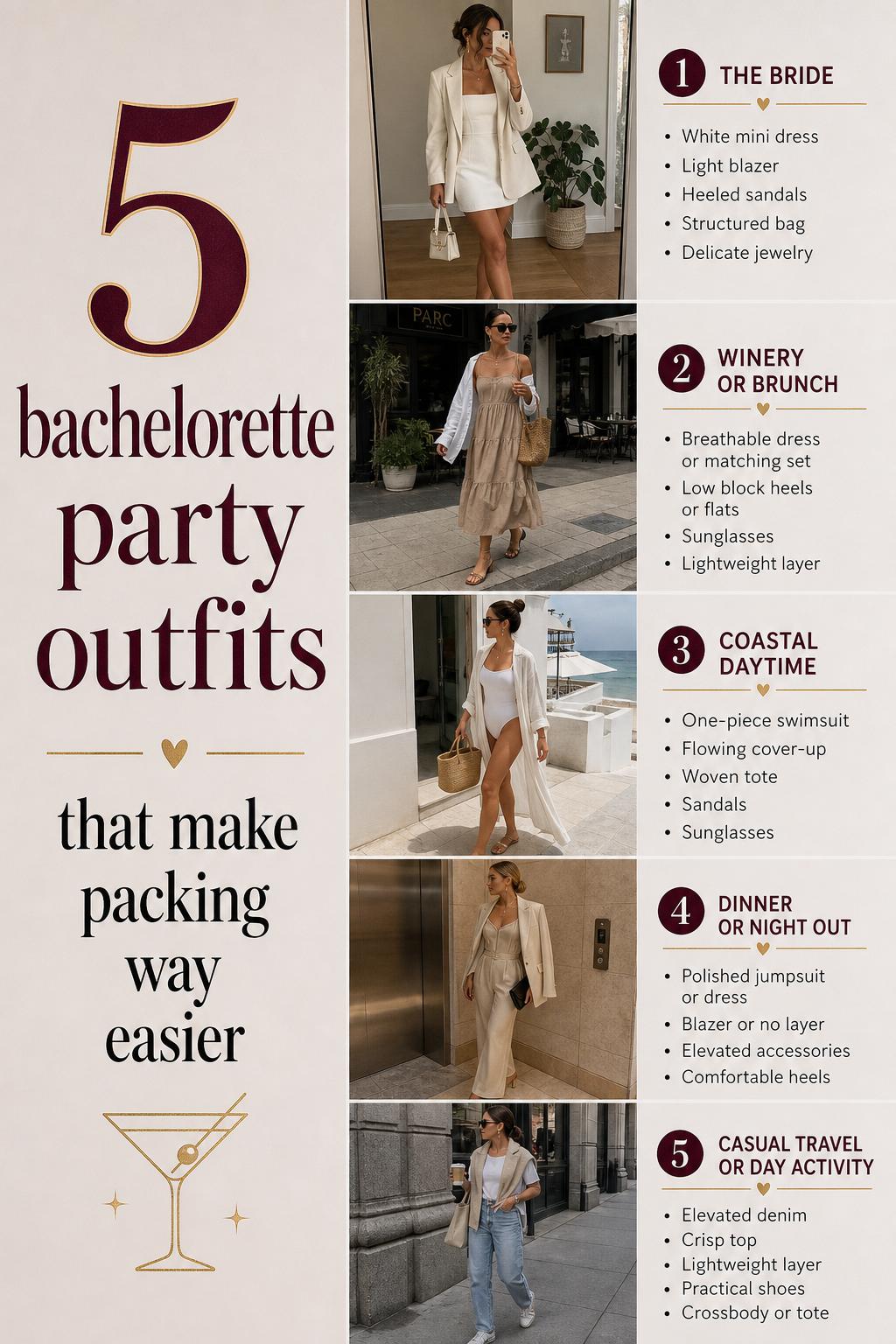 Bachelorette party outfits guide with five polished looks in a clean Pinterest-style list, led by a white bride mini dress.