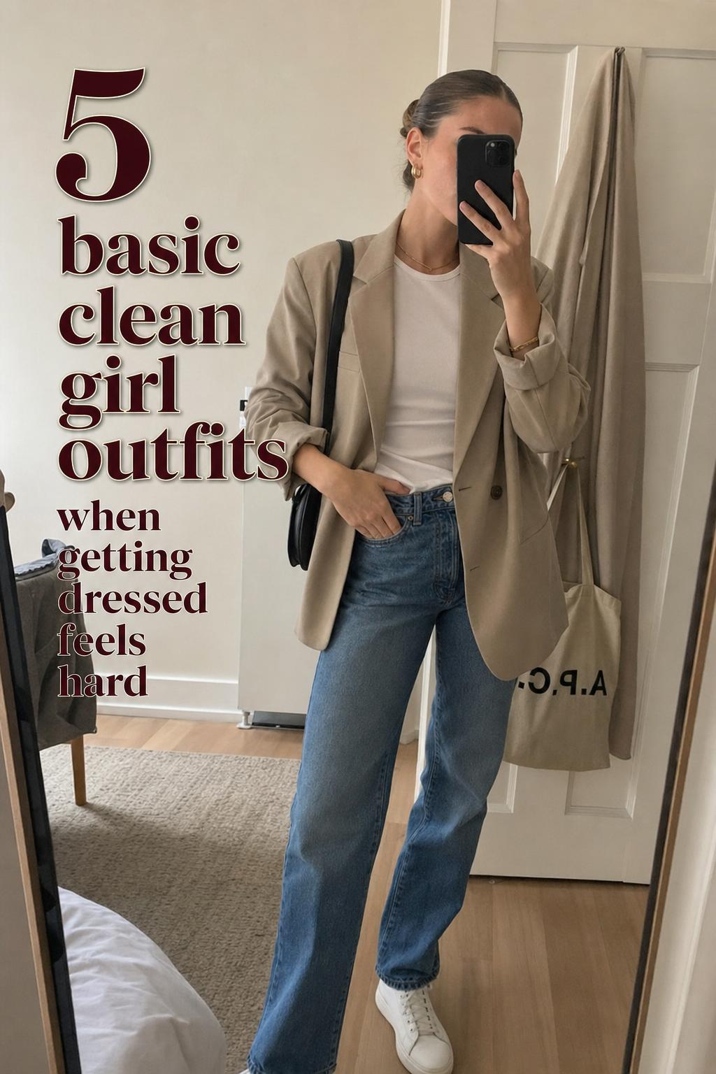 Mirror selfie of young woman in white tee, blazer and jeans with text '5 basic clean girl outfits' in apartment hallway