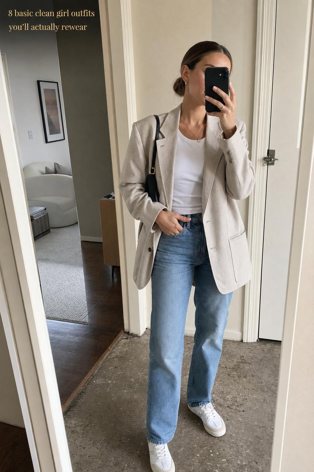 basic clean girl outfits mirror selfie with white tee, straight-leg jeans, trench coat and sneakers in soft city daylight