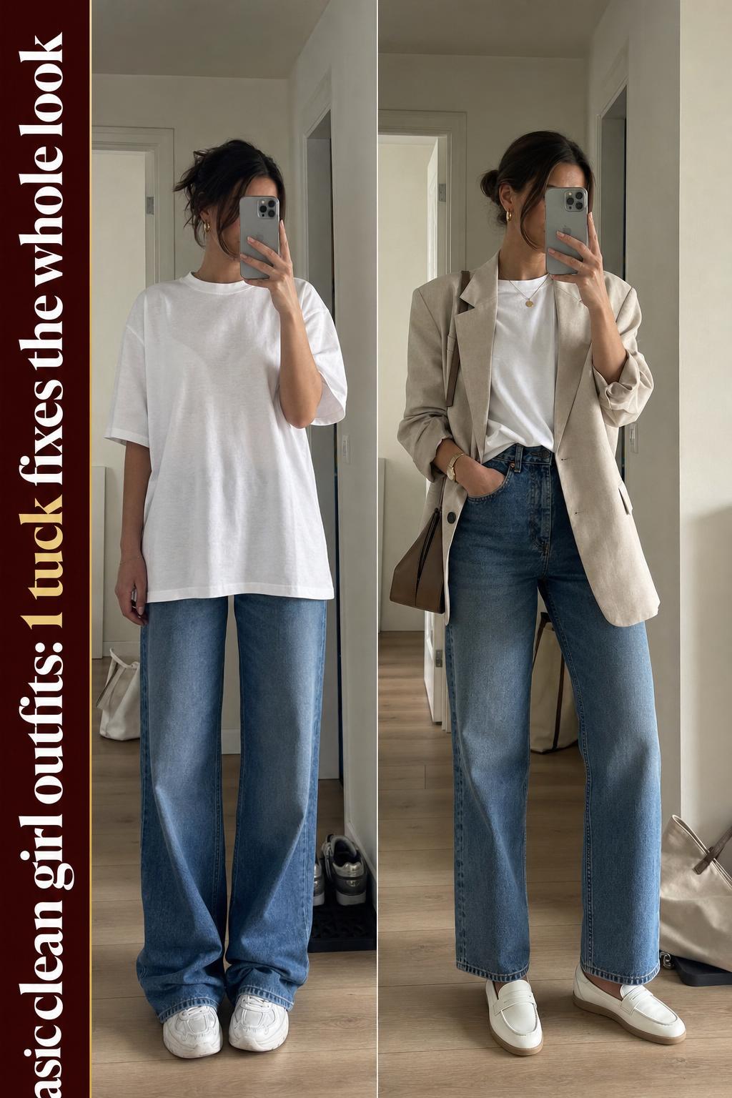 Basic clean girl outfits on a minimalist rack with neutral tops, tailored pants, and white sneakers in soft daylight