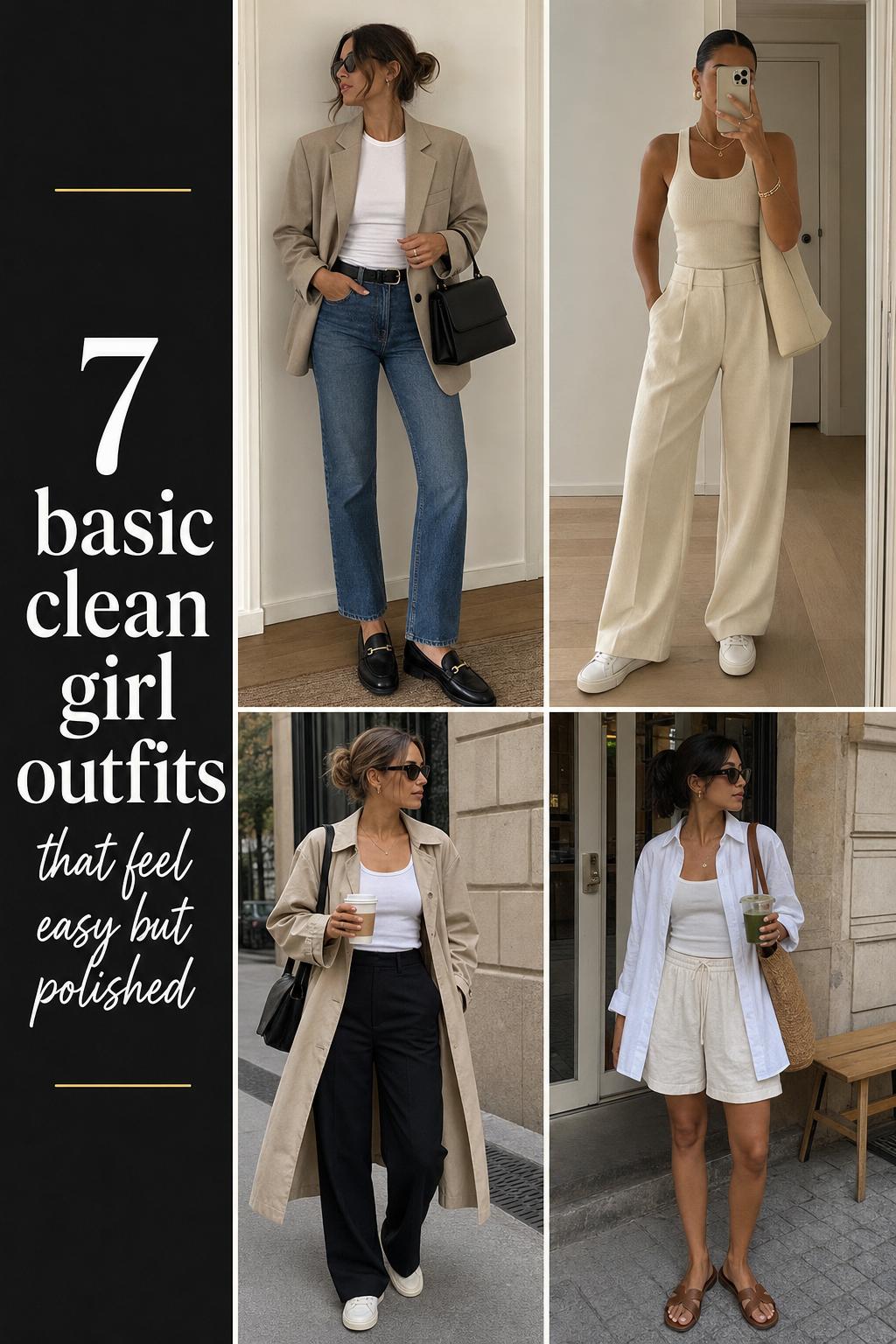 basic clean girl outfits collage with four neutral minimalist everyday looks in a realistic street and mirror selfie grid