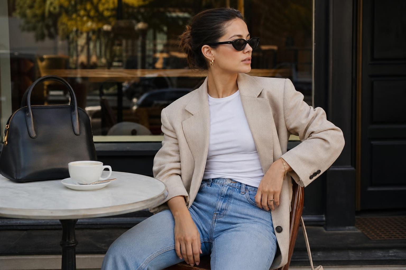 Basic clean girl outfits with white tee, straight blue jeans, black loafers, and a beige blazer in bright natural light