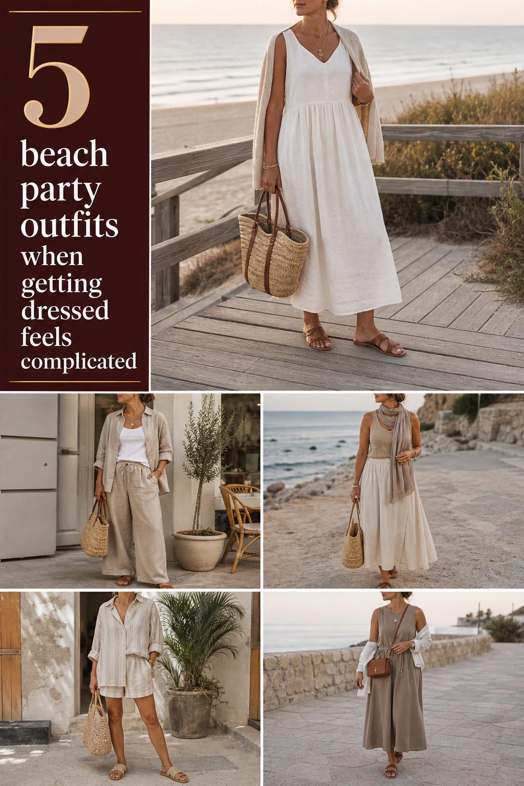 Beach party outfits guide with 5 coastal looks for women 25+, linen dresses, matching sets, sandals, and woven bags