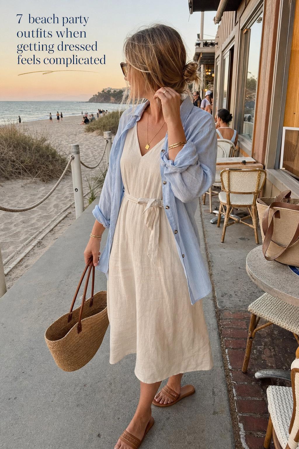 Beach party outfits on a woman in a breezy linen midi dress walking a seaside boardwalk at sunset, candid iPhone-style photo