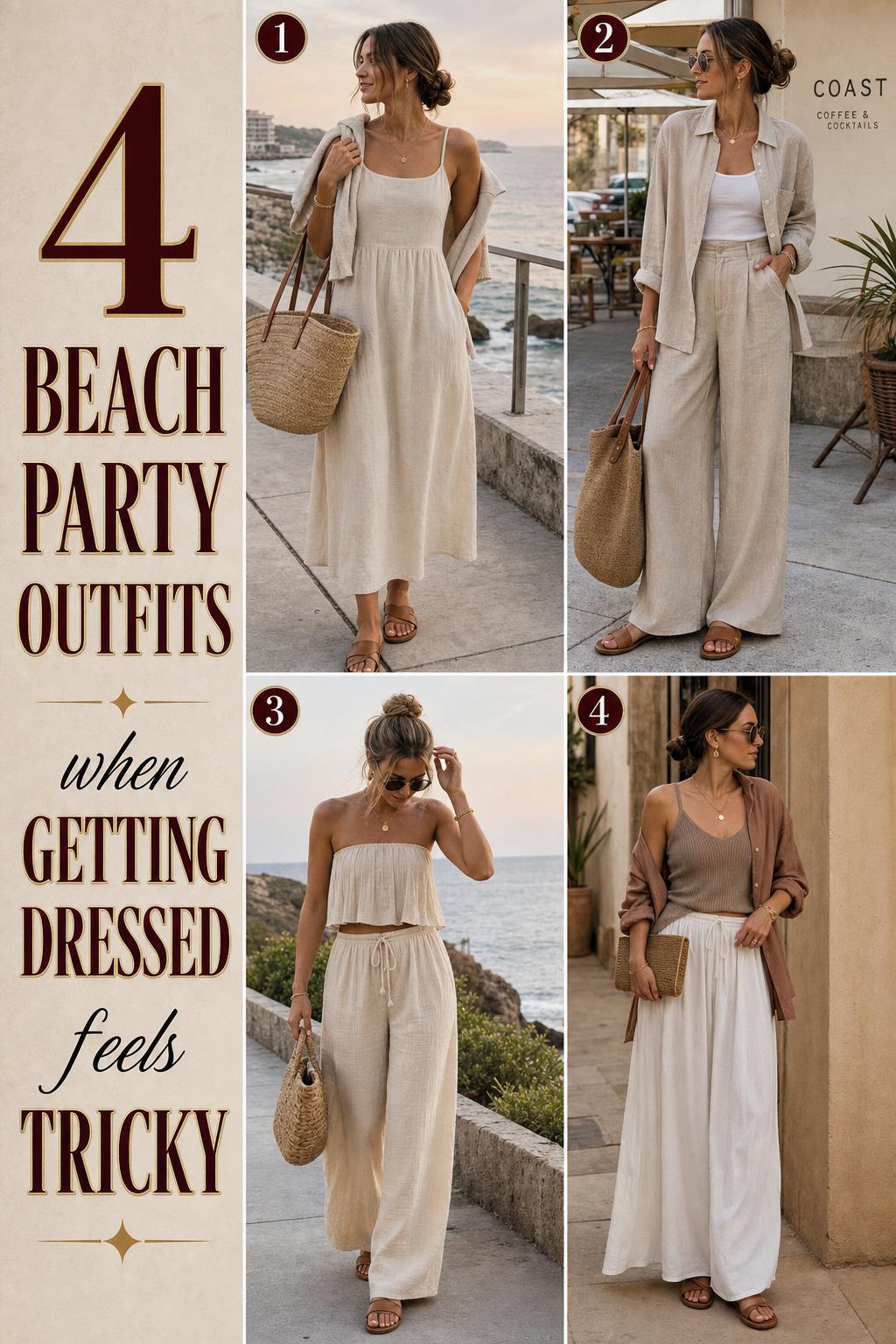 Beach party outfits collage with four women in neutral linen looks, sandals, woven bags, and sunset coastal backdrops