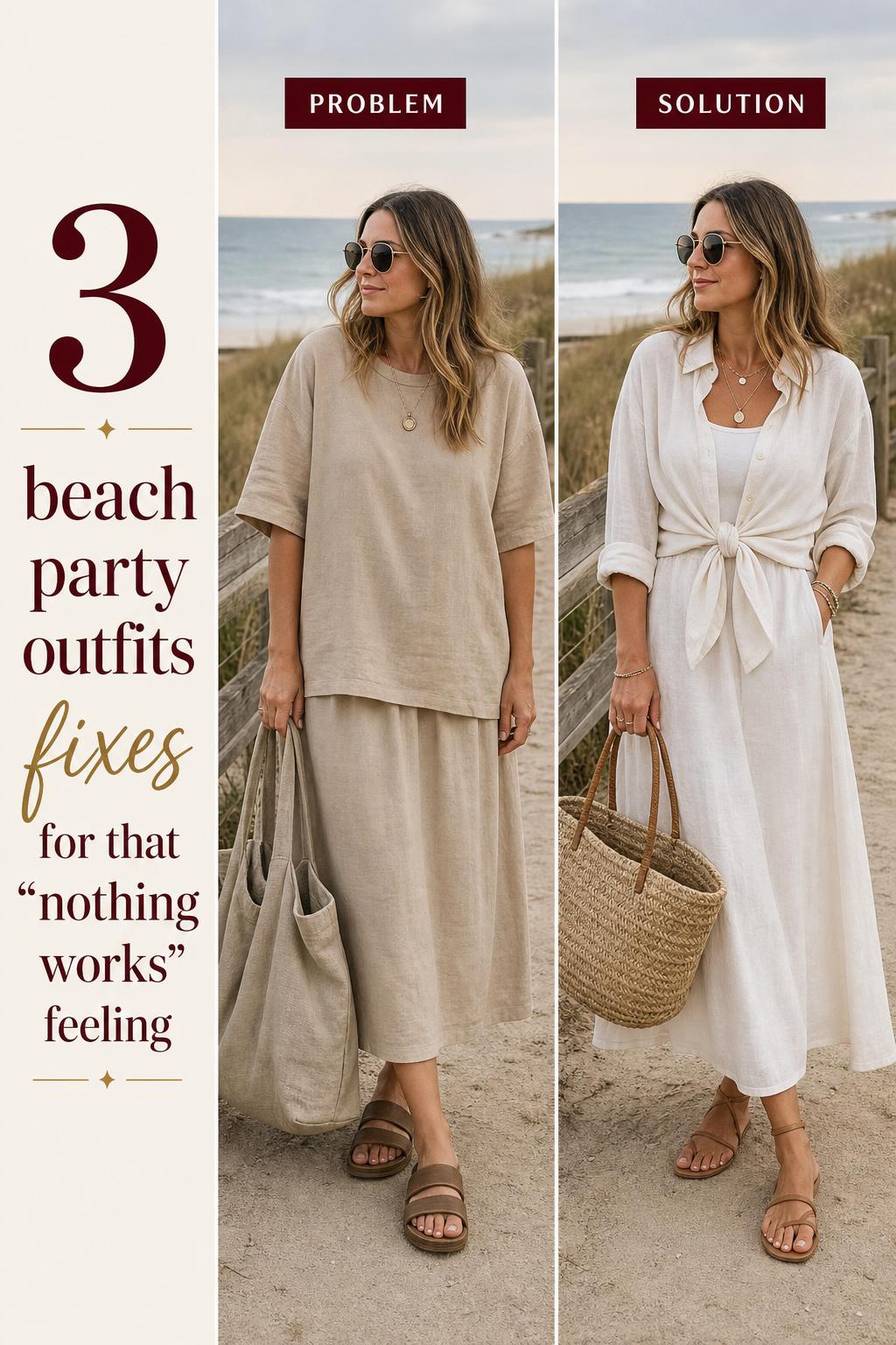 Beach party outfits with friends in colorful summer clothes on a sandy beach at sunset