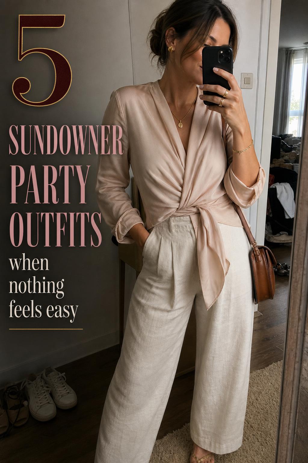 Mirror selfie in apartment hallway wearing a blush wrap dress with gold jewelry, featuring sundowner party outfits text