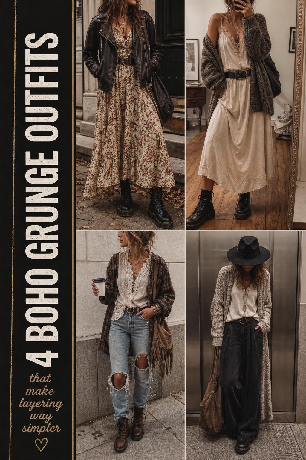 Boho grunge outfits collage featuring four layered looks with dresses, knits, flannel, boots, and casual street settings