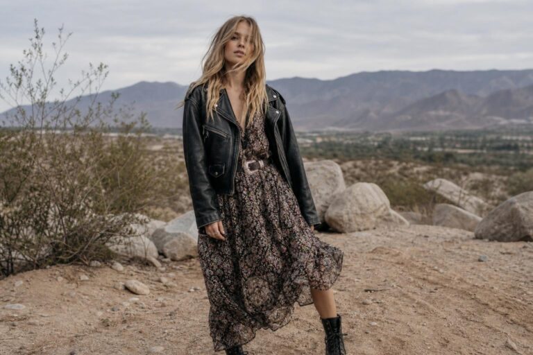 Boho grunge outfits with floral maxi dress, denim jacket, and combat boots in a relaxed street style look
