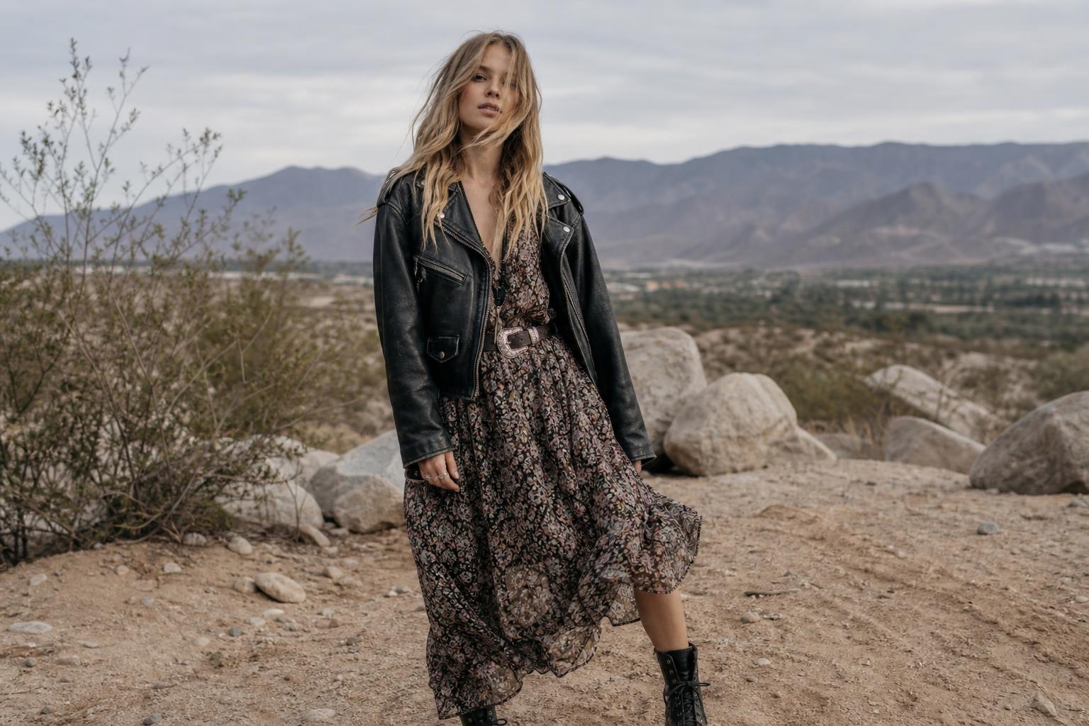 Boho grunge outfits with floral maxi dress, denim jacket, and combat boots in a relaxed street style look