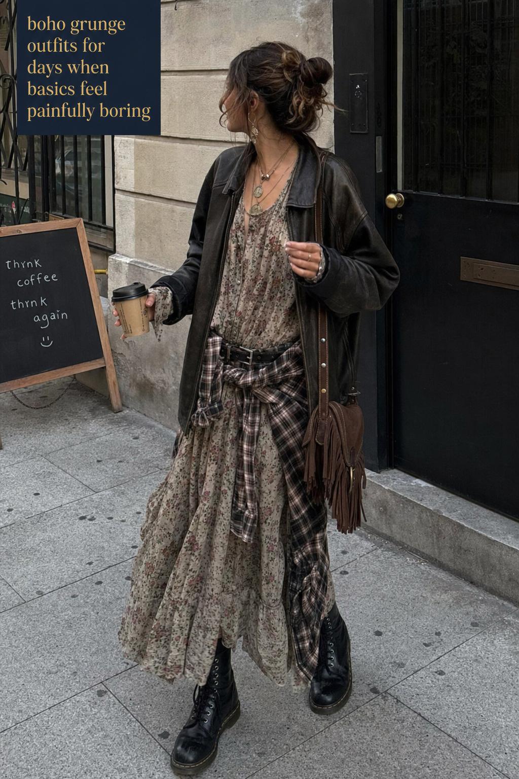 Woman in boho grunge outfits wearing floral slip dress, oversized leather jacket, and Doc Martens on a city sidewalk