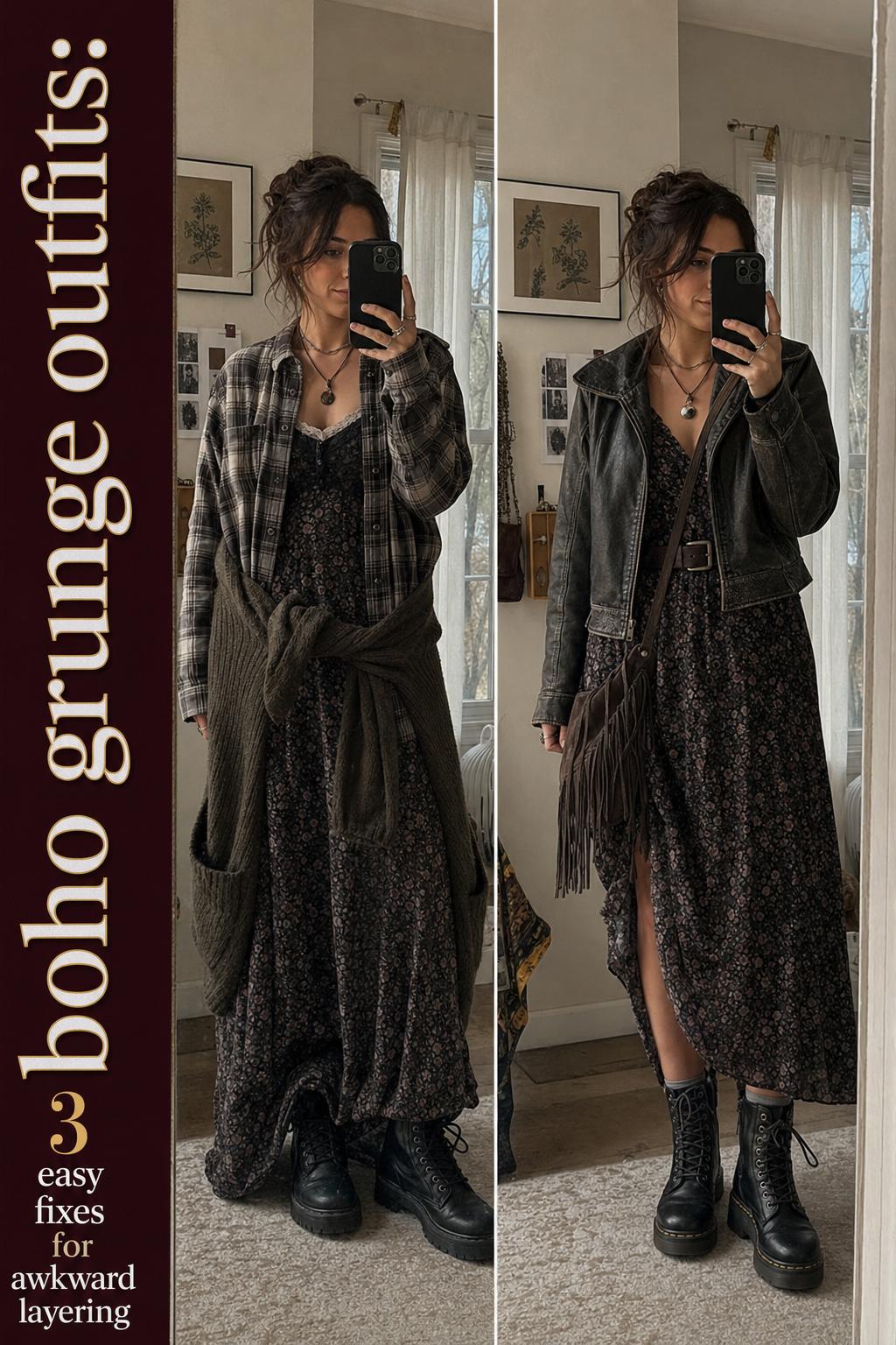 Boho grunge outfits styled in a cozy bedroom, featuring layered plaid, ripped denim, and chunky boots