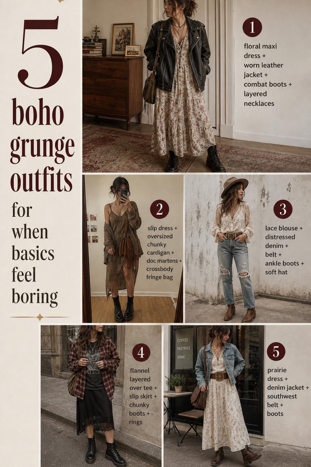 Boho grunge outfits Pinterest-style checklist with 5 wearable layered looks, muted tones, combat boots, denim, and dresses.