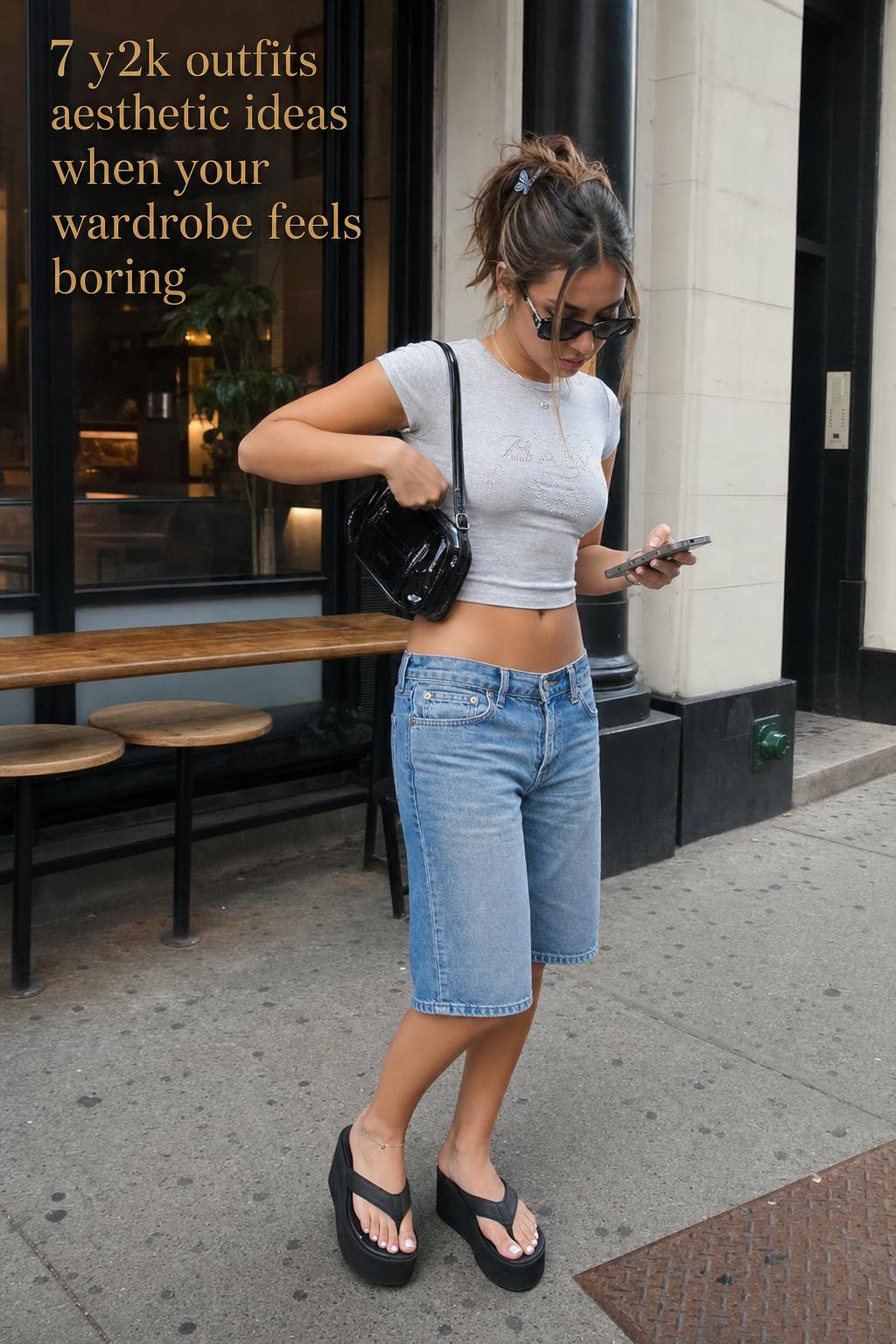 Candid street photo of a woman in y2k outfits aesthetic, adjusting a mini bag outside a cafe in soft daylight.