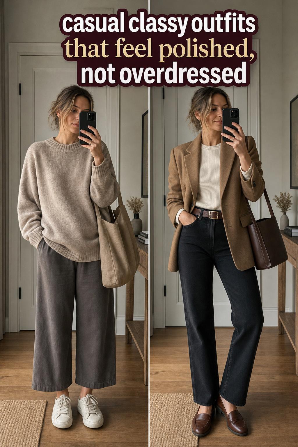 Woman wearing casual classy outfits in a modern city street, featuring a tailored blazer, jeans, and loafers