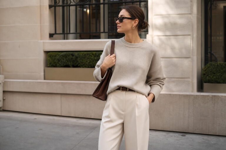 Casual classy outfits with cream knit, beige trousers, and camel coat styled with loafers for a polished everyday look