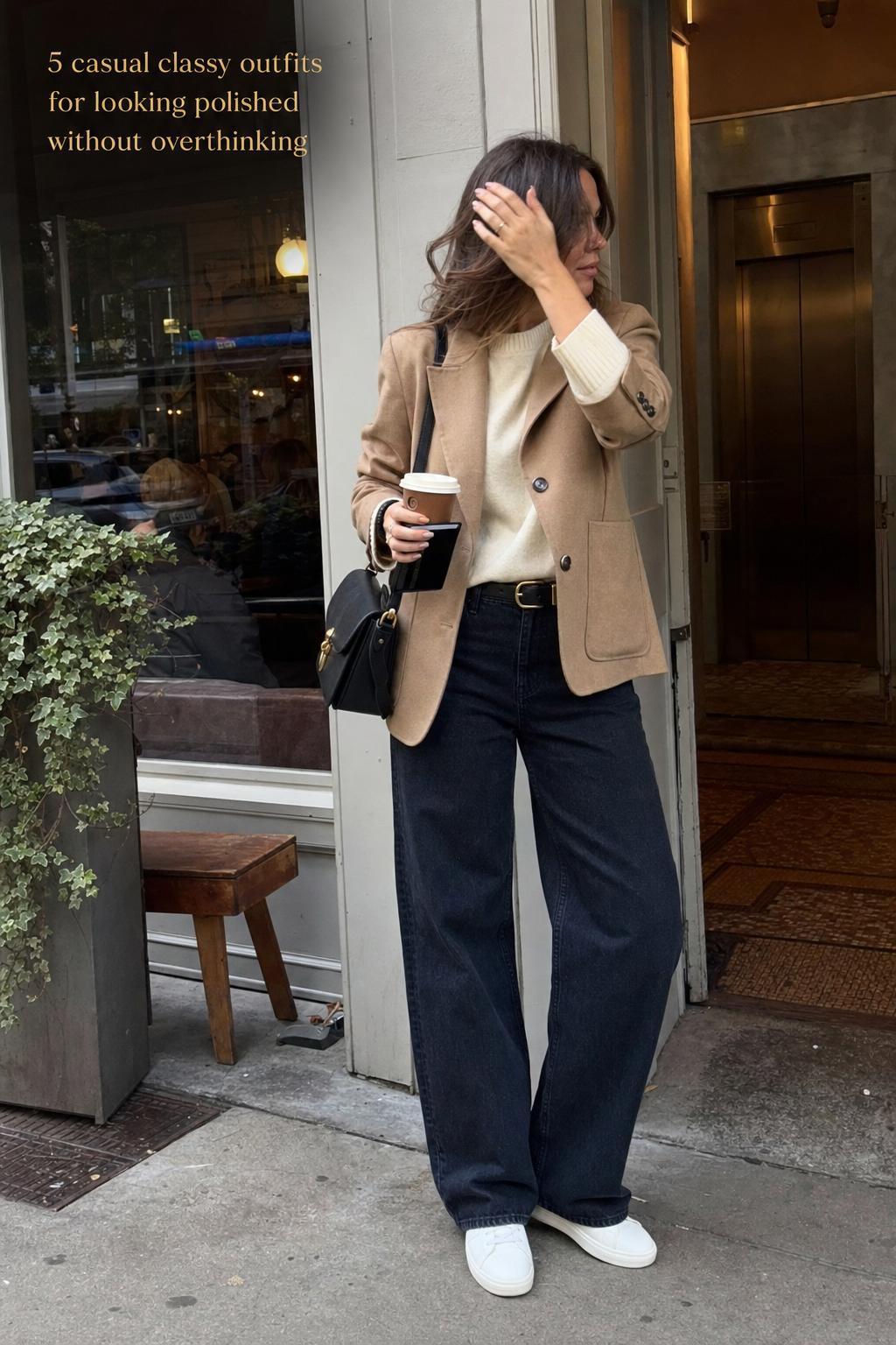 Casual classy outfits on a city sidewalk: cream knit, camel blazer, dark denim, loafers, and structured bag in natural light.