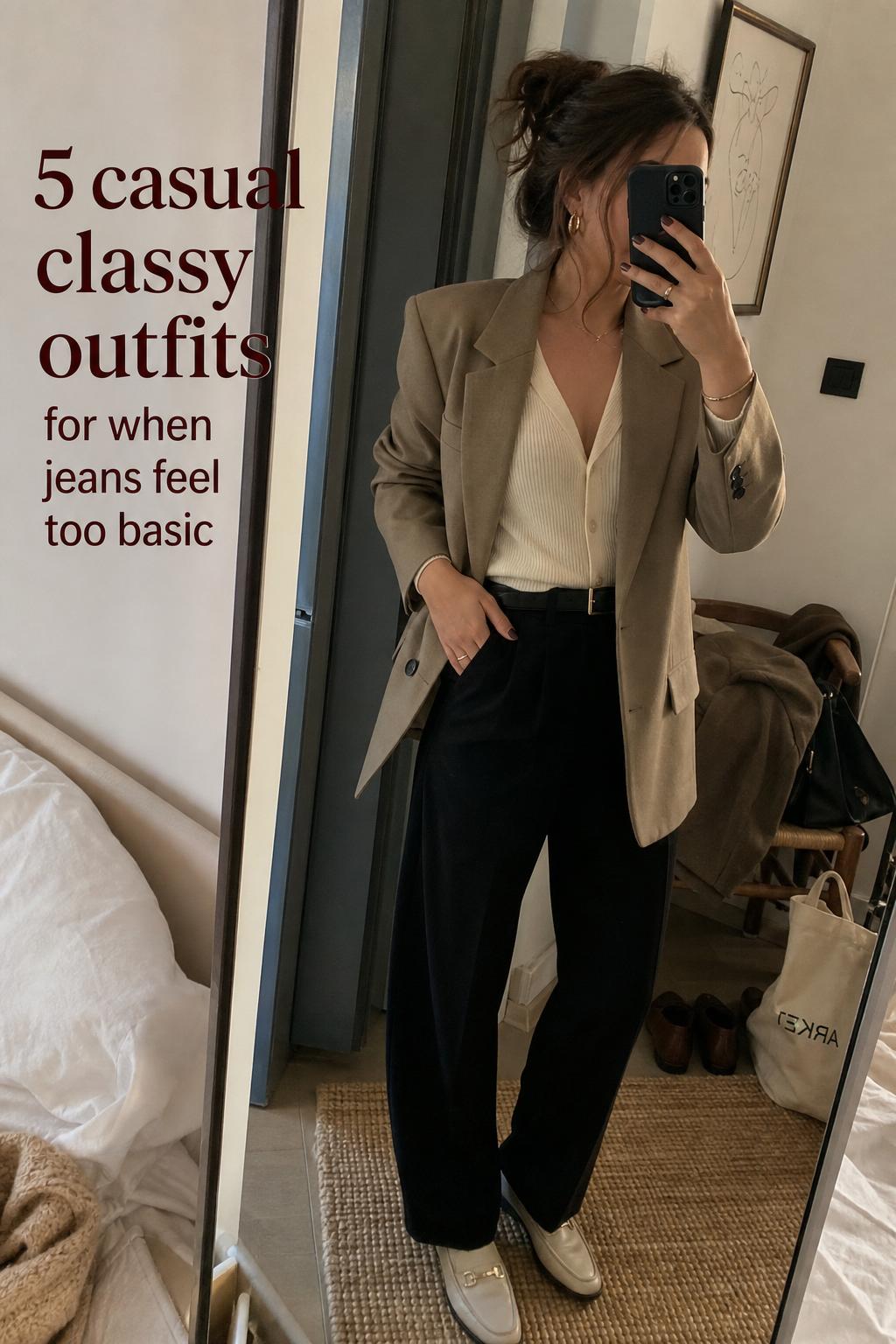 Mirror selfie in a cozy apartment showing casual classy outfits with blazer, wide-leg trousers, and loafers in neutral tones.