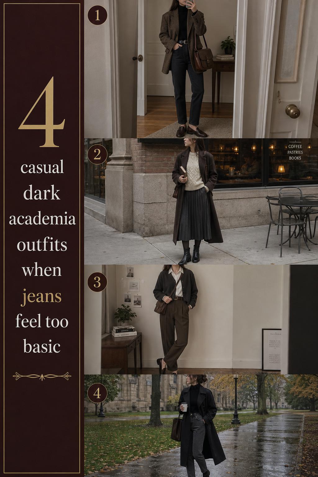 Casual dark academia outfits guide with 4 realistic everyday looks in a Pinterest-style stacked fashion list