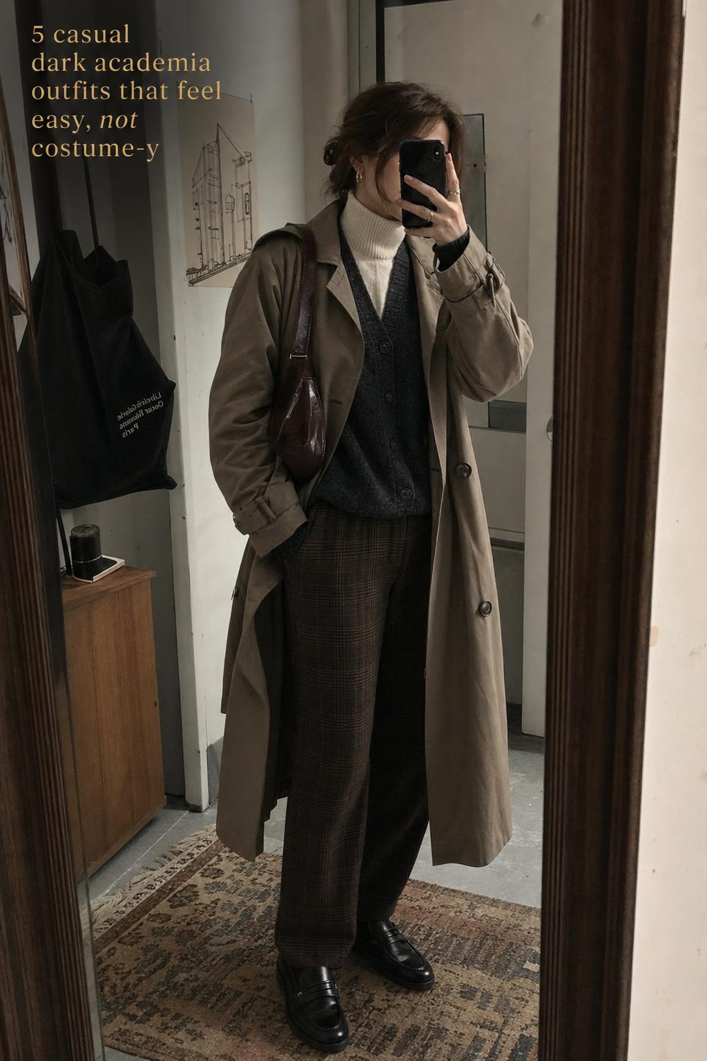 Casual dark academia outfits in an apartment hallway mirror selfie with trench coat, cardigan, turtleneck, plaid trousers and loafers.