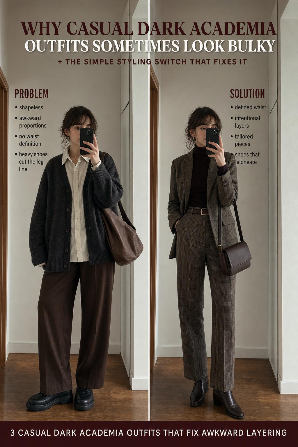 Casual dark academia outfits featuring layered tweed blazer, turtleneck, pleated skirt, and leather loafers