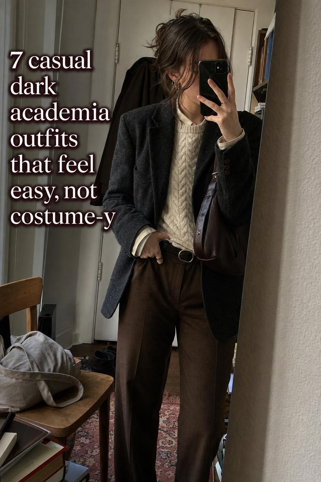 Mirror selfie in a lived-in hallway showing casual dark academia outfits with blazer, cream sweater, brown trousers and satchel