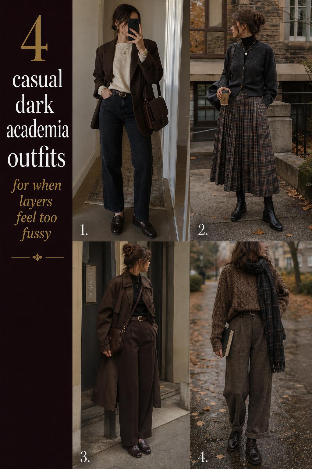 Pinterest-style grid of casual dark academia outfits with blazers, knits, plaid skirt, trench coat, loafers and boots