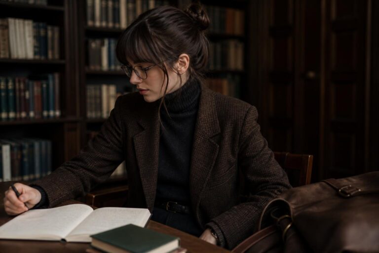Casual dark academia outfits with tweed blazer, knit sweater, dark jeans and loafers in a cozy coffee shop setting