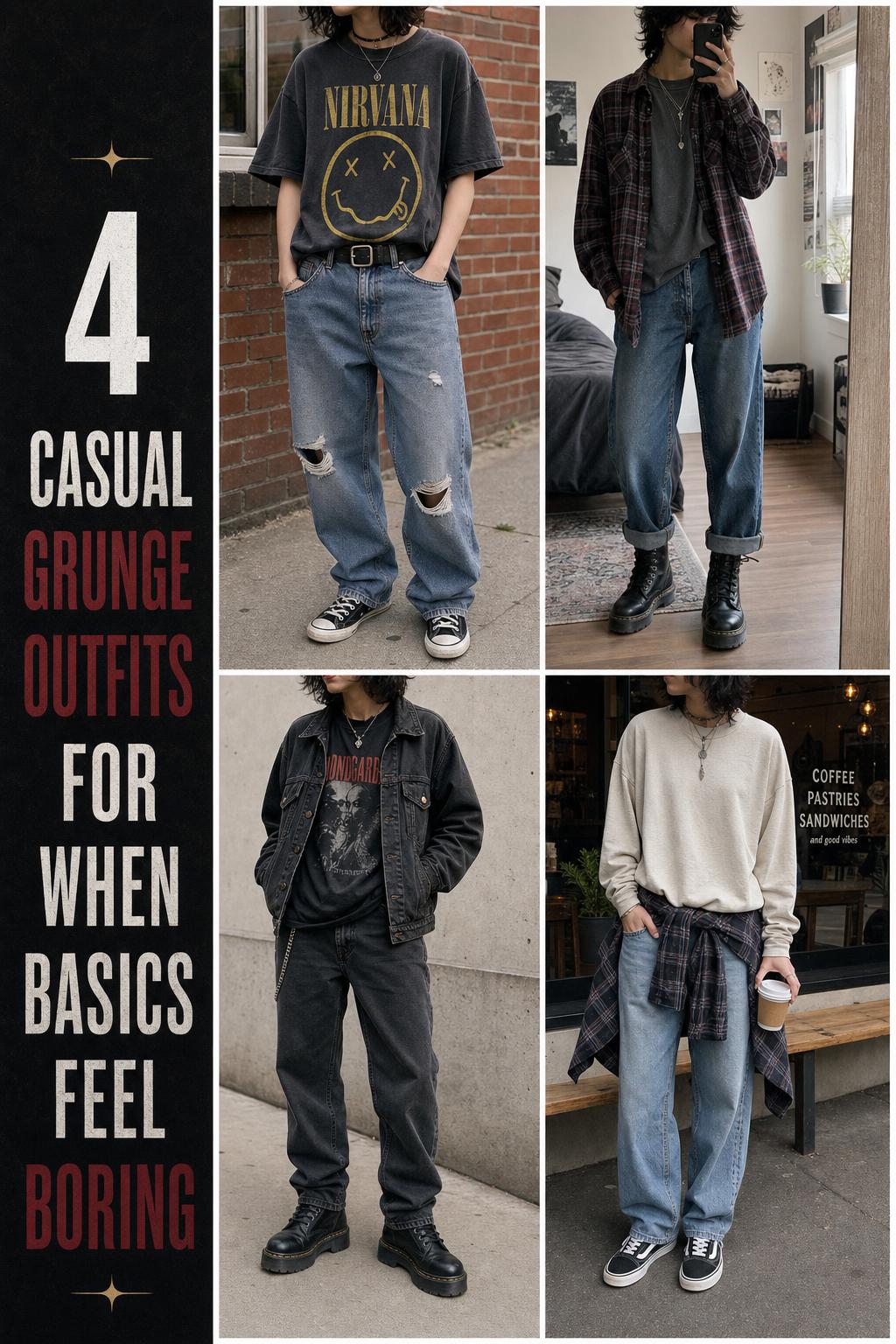 Casual grunge outfits grid with four 1990s Seattle-inspired looks in muted tones, styled for everyday streetwear.