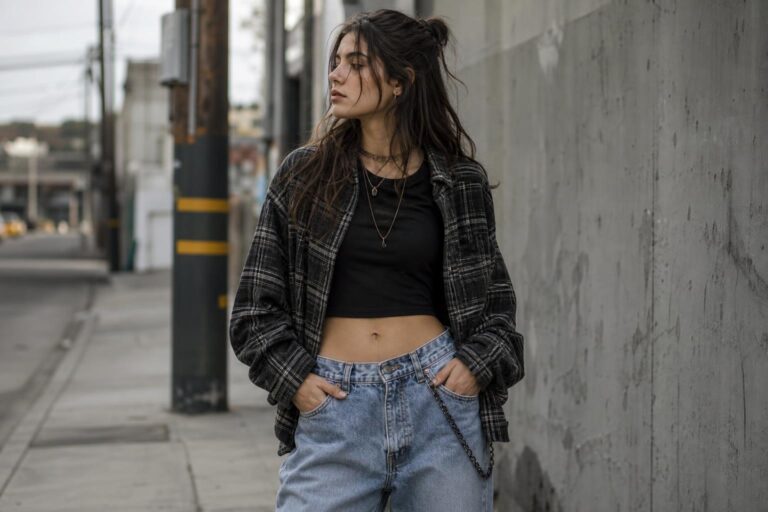 Casual grunge outfits with a band tee, plaid flannel, faded jeans, and combat boots on a city street