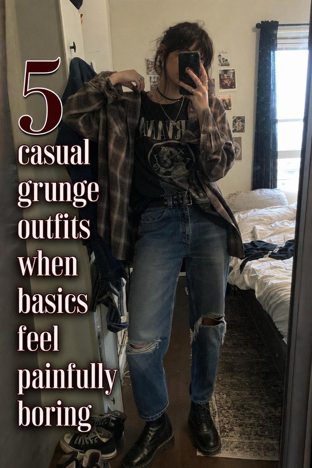 Mirror selfie in a lived-in bedroom showing casual grunge outfits with plaid flannel, faded band tee, distressed jeans, and boots.