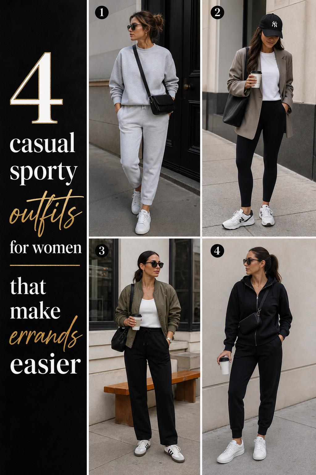 Pinterest-style grid of casual sporty outfits for women featuring four neutral-toned errand-ready looks with sneakers and layers
