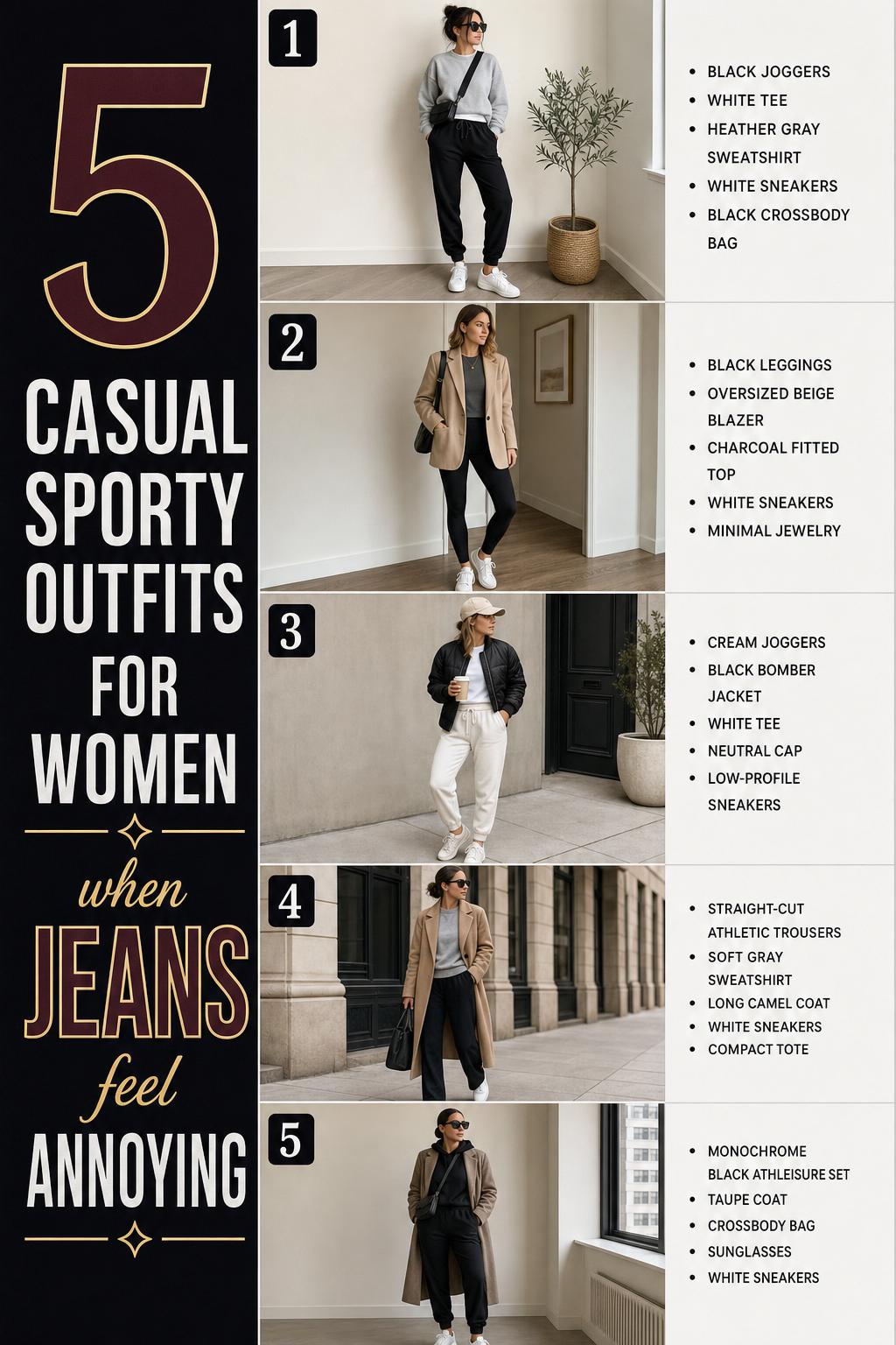 Casual sporty outfits for women list pin with five full-body looks in neutral tones and clean minimalist backgrounds