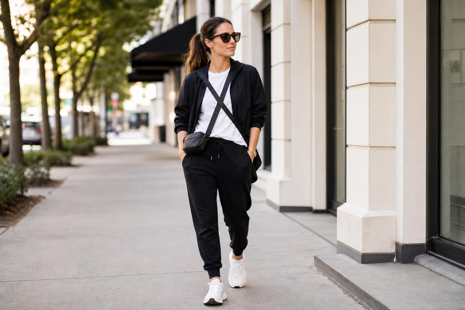 Casual sporty outfits for women with blazer, joggers and clean sneakers on a city street