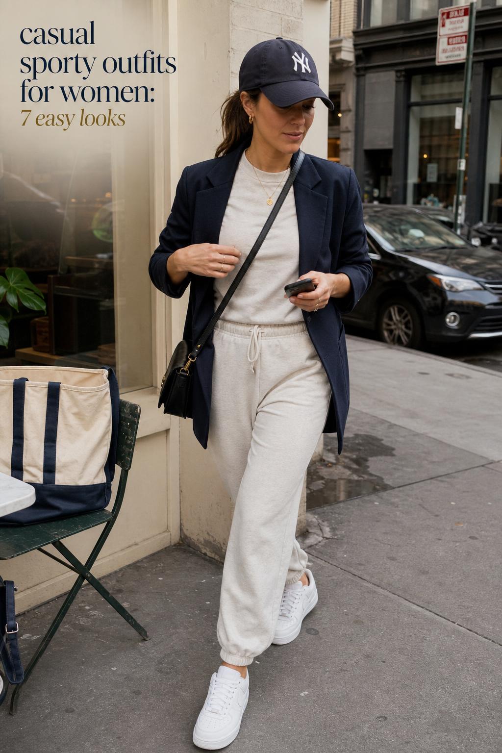 Casual sporty outfits for women street style look on a city sidewalk near a cafe, layered neutral athleisure with sneakers