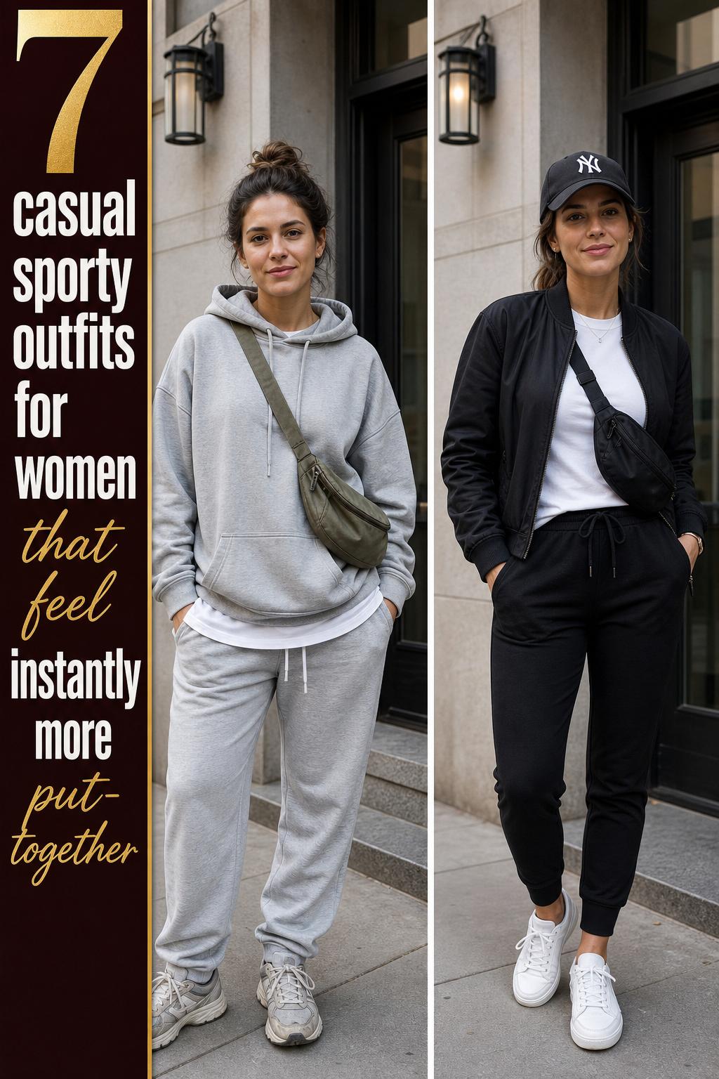 Casual sporty outfits for women in a bright city street, wearing sneakers, joggers, and a lightweight jacket