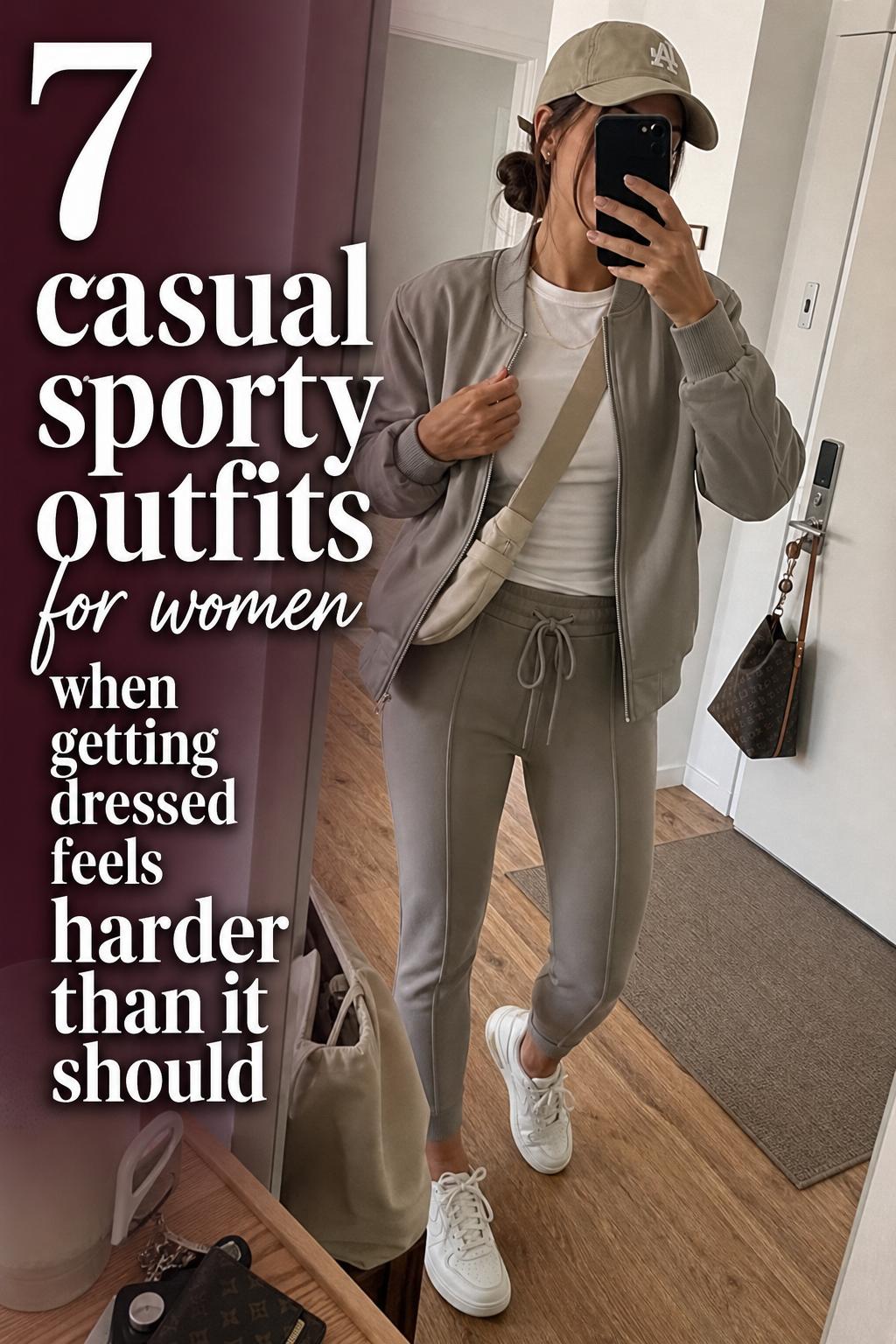 Mirror selfie of a woman in neutral casual sporty outfits for women with blazer, joggers, sneakers, and burgundy text overlay