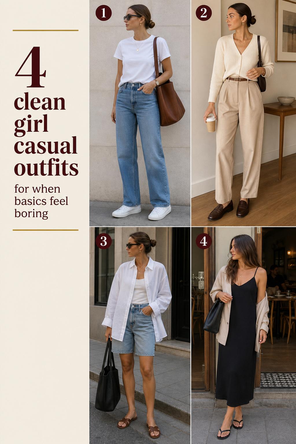 Clean girl casual outfits pin featuring 4 polished neutral outfit ideas with a bold checklist-style layout.