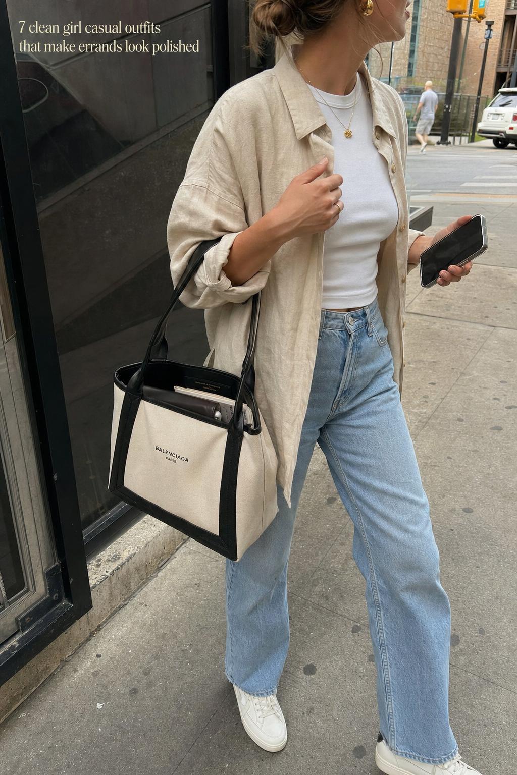 Woman adjusting linen blazer on a coffee run, showcasing clean girl casual outfits with white tee and beige trousers