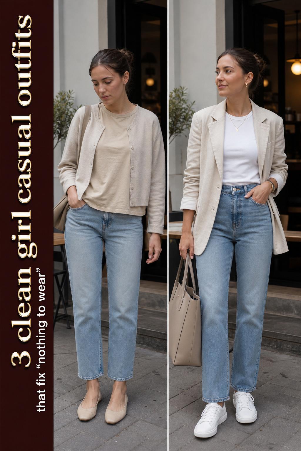 Clean girl casual outfits featuring a minimalist white tee, light-wash jeans, and simple gold jewelry in natural light.