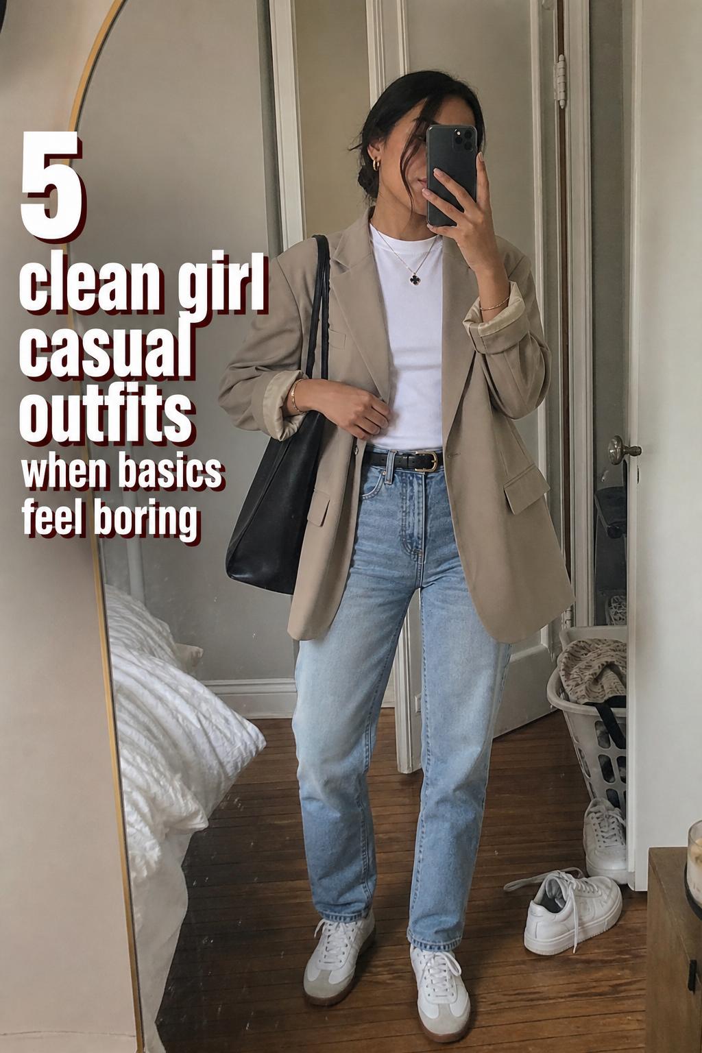 Clean girl casual outfits mirror selfie in messy bedroom with white tee, light jeans and beige blazer text overlay