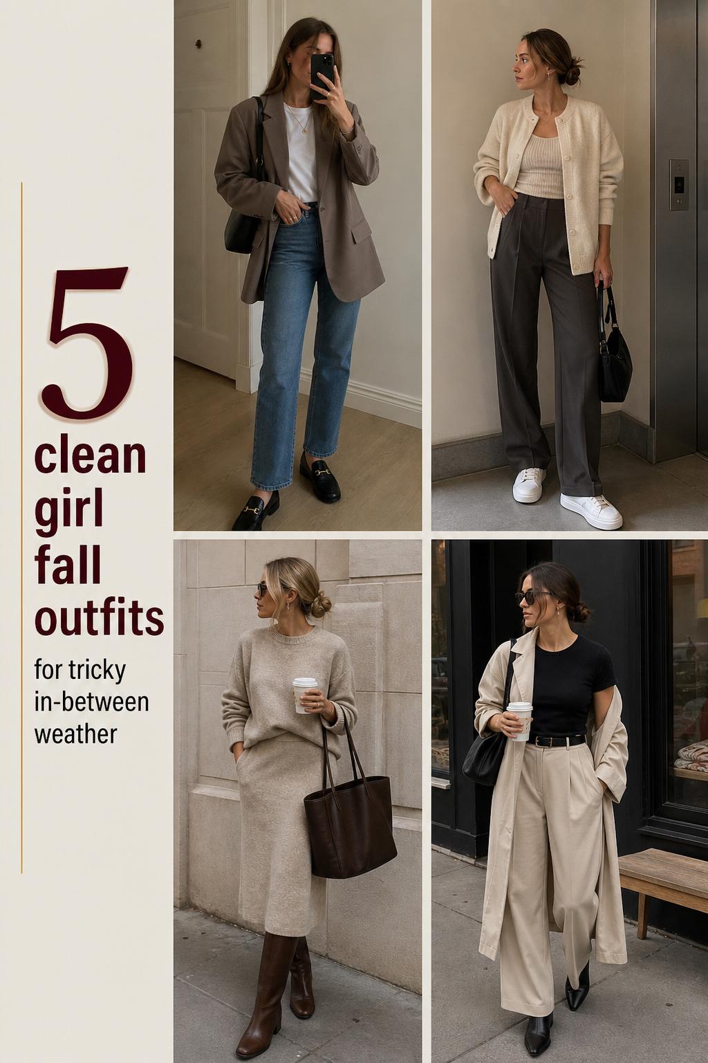 Clean girl fall outfits collage with 4 neutral minimalist looks, taupe blazer, cream cardigan, oatmeal knit, beige trousers