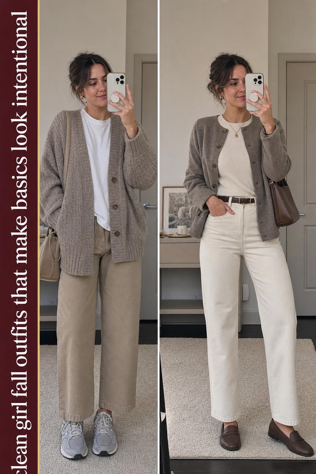 Clean girl fall outfits featuring a beige trench coat, white tee, straight jeans and loafers on a city street