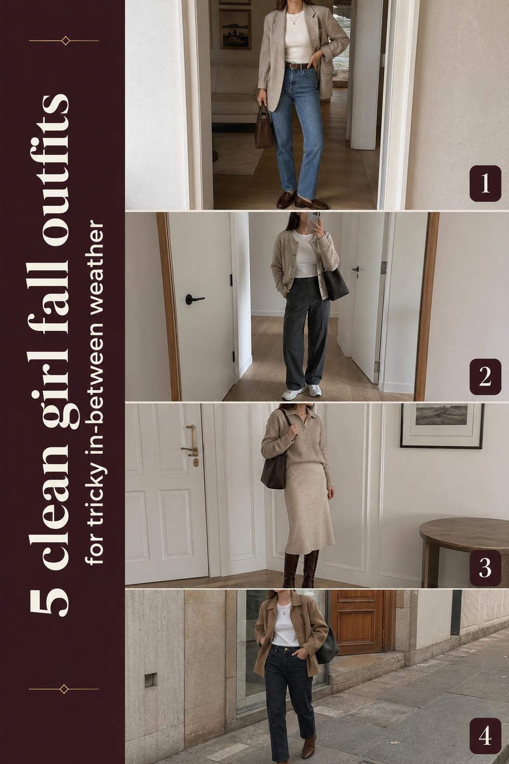 Clean girl fall outfits list with 4 neutral early fall looks, featuring blazers, knits, jeans, boots, and loafers.