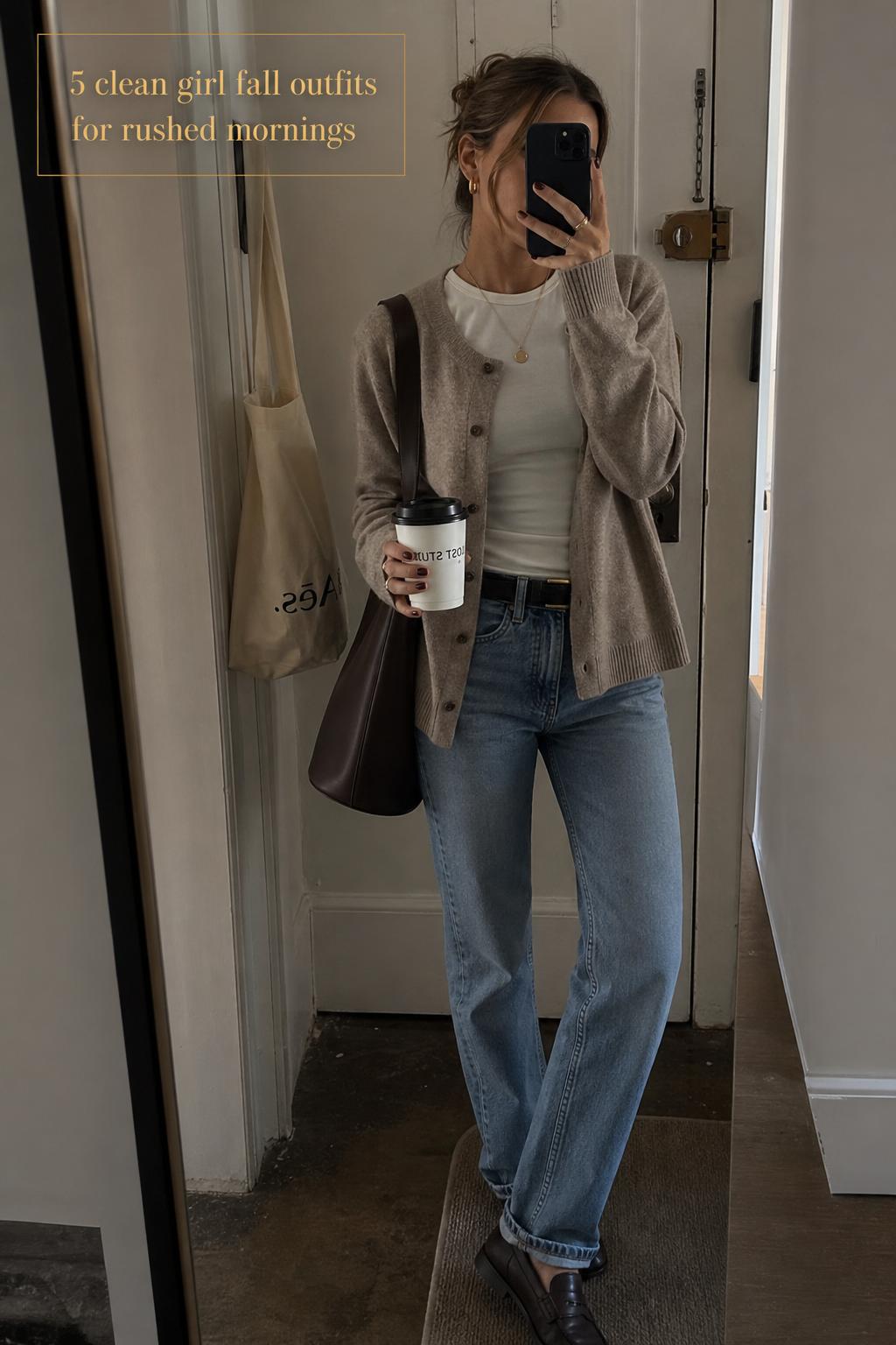 Woman in apartment hallway mirror selfie wearing neutral layers and jeans, showcasing clean girl fall outfits