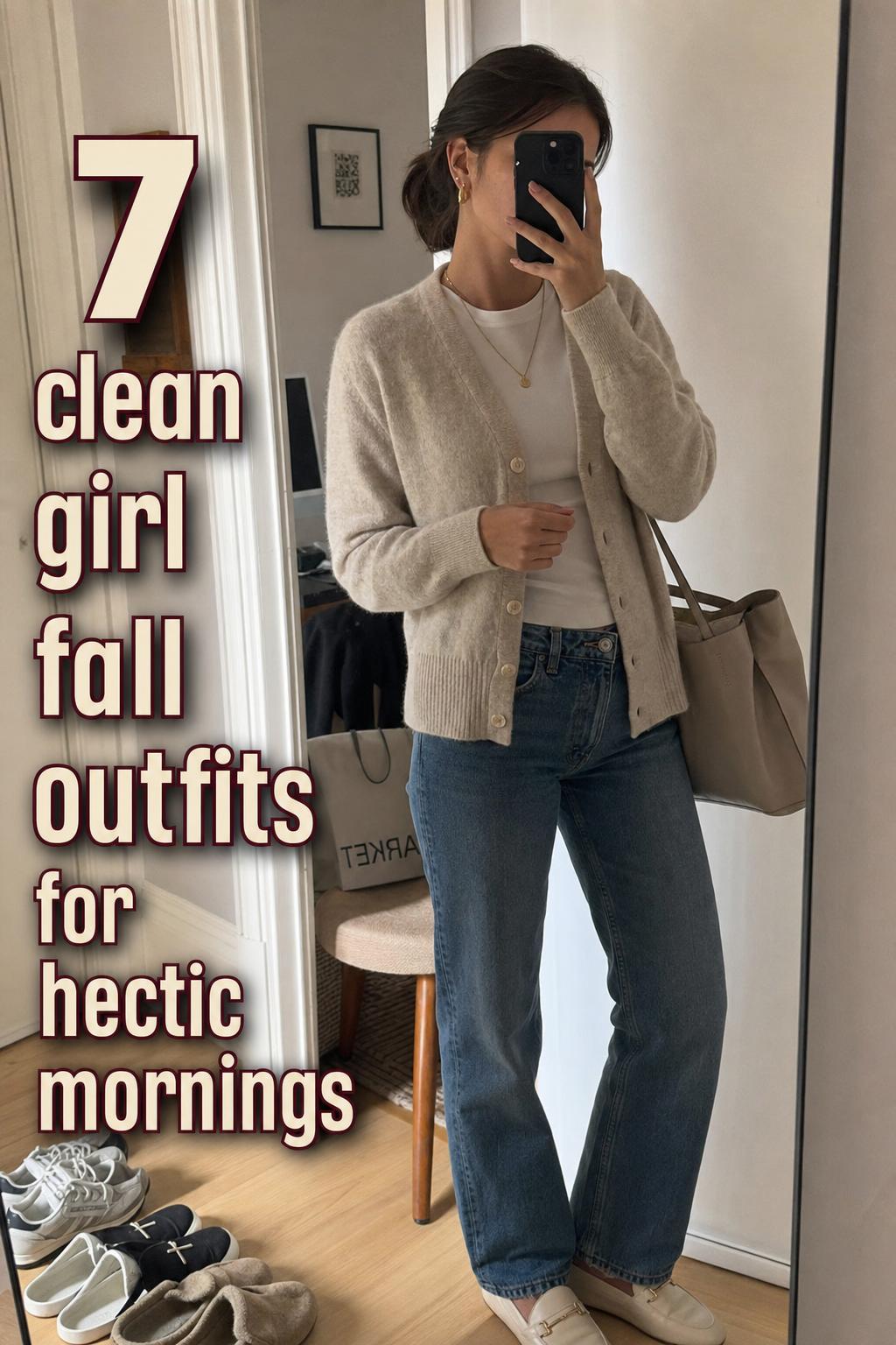 Mirror selfie in apartment hallway wearing clean girl fall outfits: cream tee, beige cardigan, straight jeans, loafers