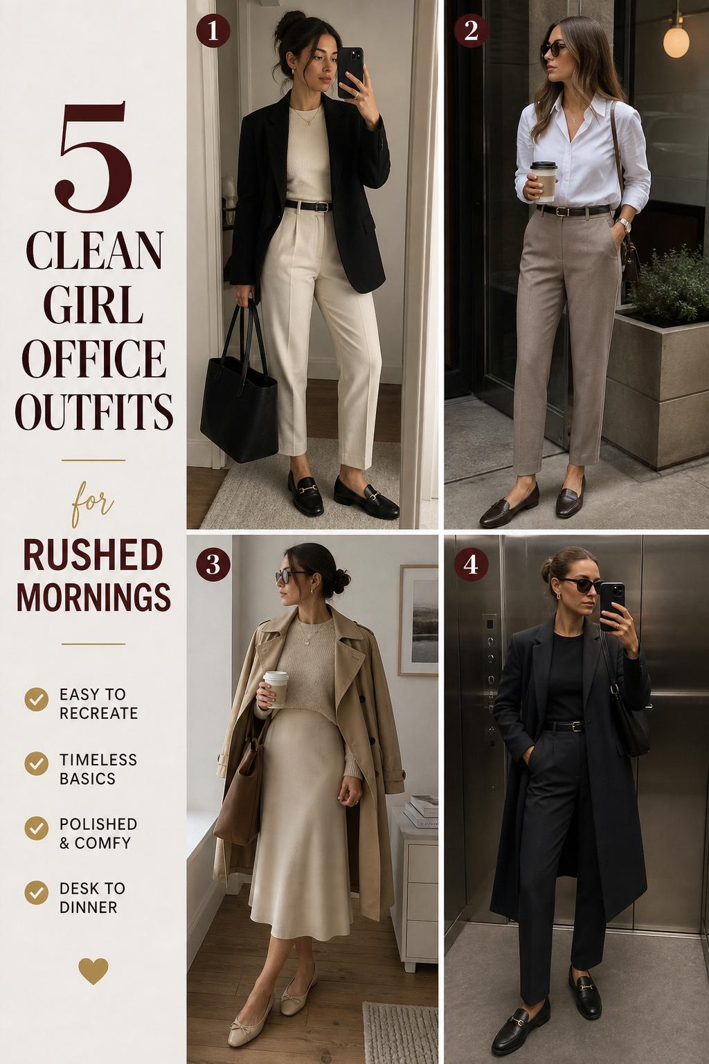 Clean girl office outfits collage with 4 neutral workwear looks, blazers, trousers, midi skirt, loafers, and tote