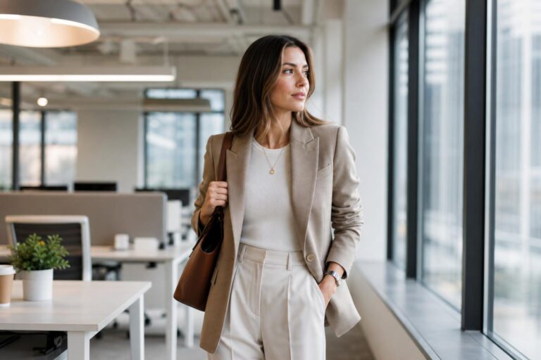 Clean girl office outfits with beige blazer, white knit top, straight trousers, sleek loafers, and a structured tote in a bright office