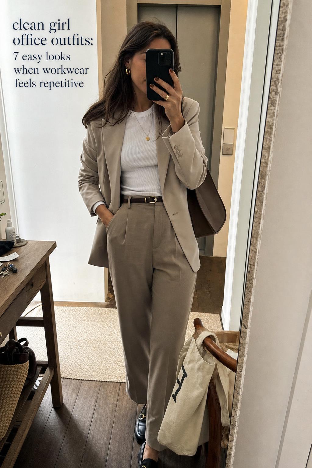 Clean girl office outfits mirror selfie in a softly lit apartment hallway, neutral blazer and trousers with tote and loafers