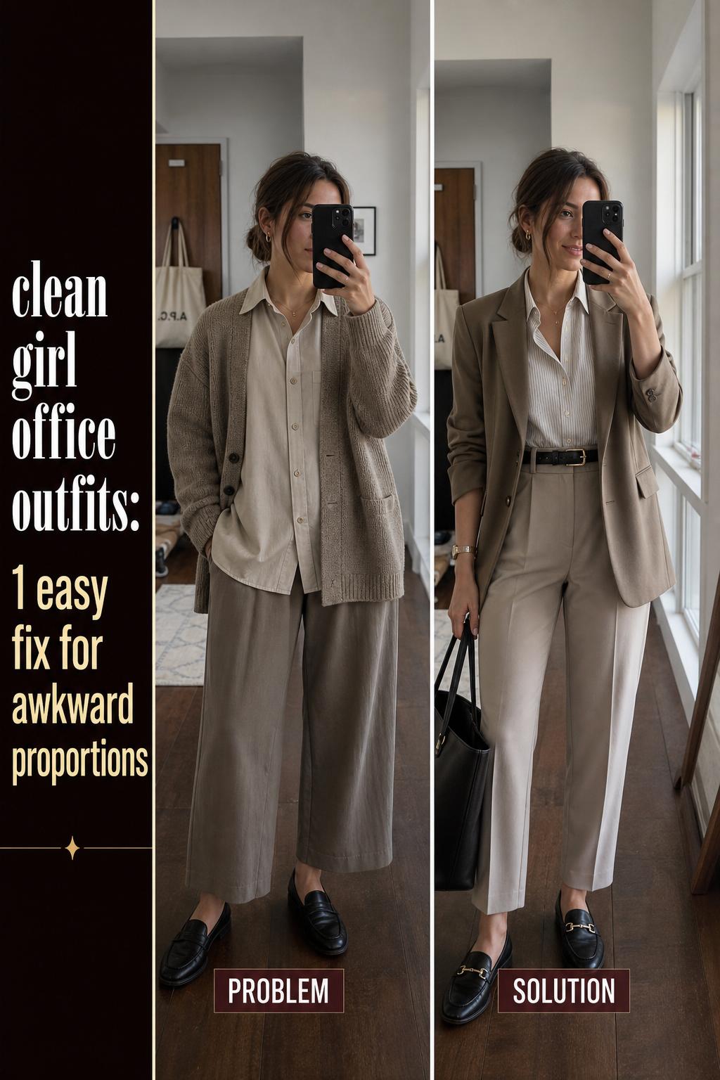 Clean girl office outfits featuring a minimalist blazer, white tee, and tailored trousers in a bright modern workspace